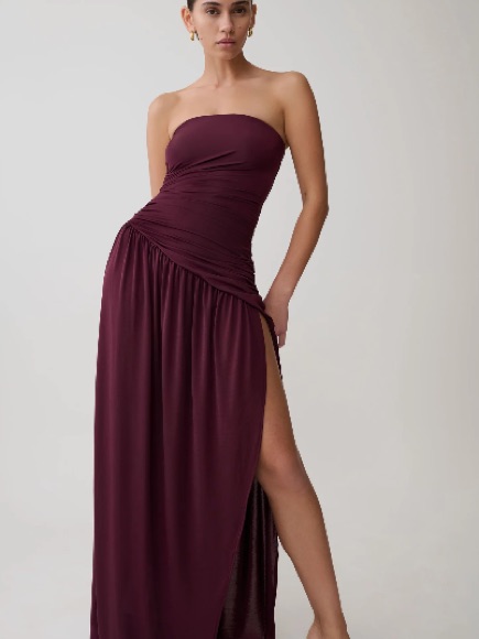 Meshki Strapless Ruched Maxi Dress In Bordeaux Plum